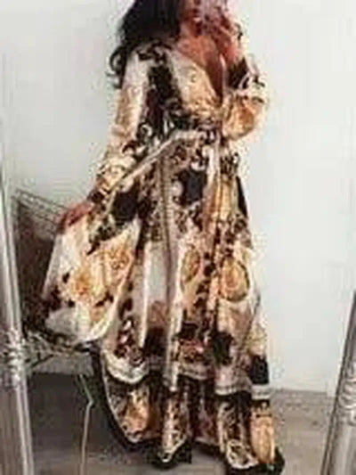 Slit Dress Printed V-neck Pullover Long Skirt-Picture4-35