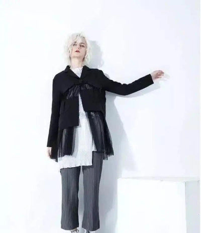 Woman's Layered Blazer and Pleated Trousers Set-Buckle version black-2