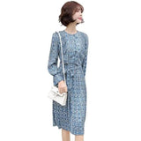 Long-Sleeve Printed Midi Dress with Belt-Blue-3