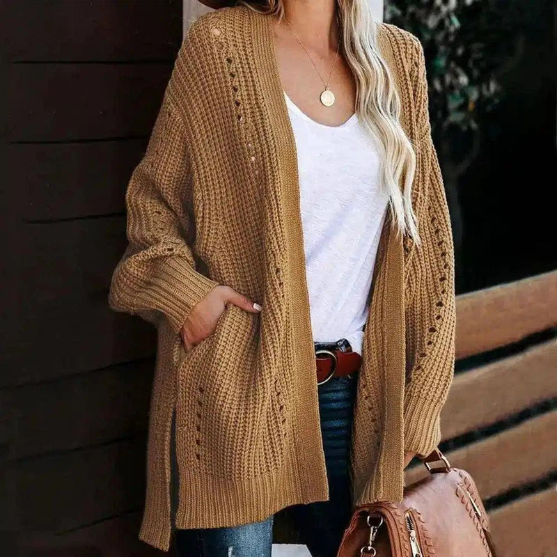 Women's Knit Oversized Cardigan Sweater-Brown-1