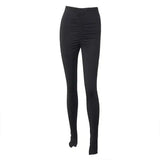 Solid color pleated leggings-Black-4