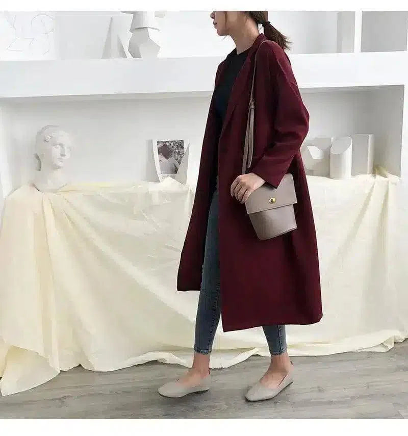 Womens Tailored Long Coat with Pockets-Wine Red-2