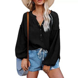 Women's Casual V-Neck Blouse with Long Sleeves-Black-3