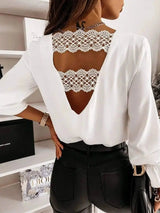 Spring Long-Sleeved V-Neck Lace Shirt With Back-1