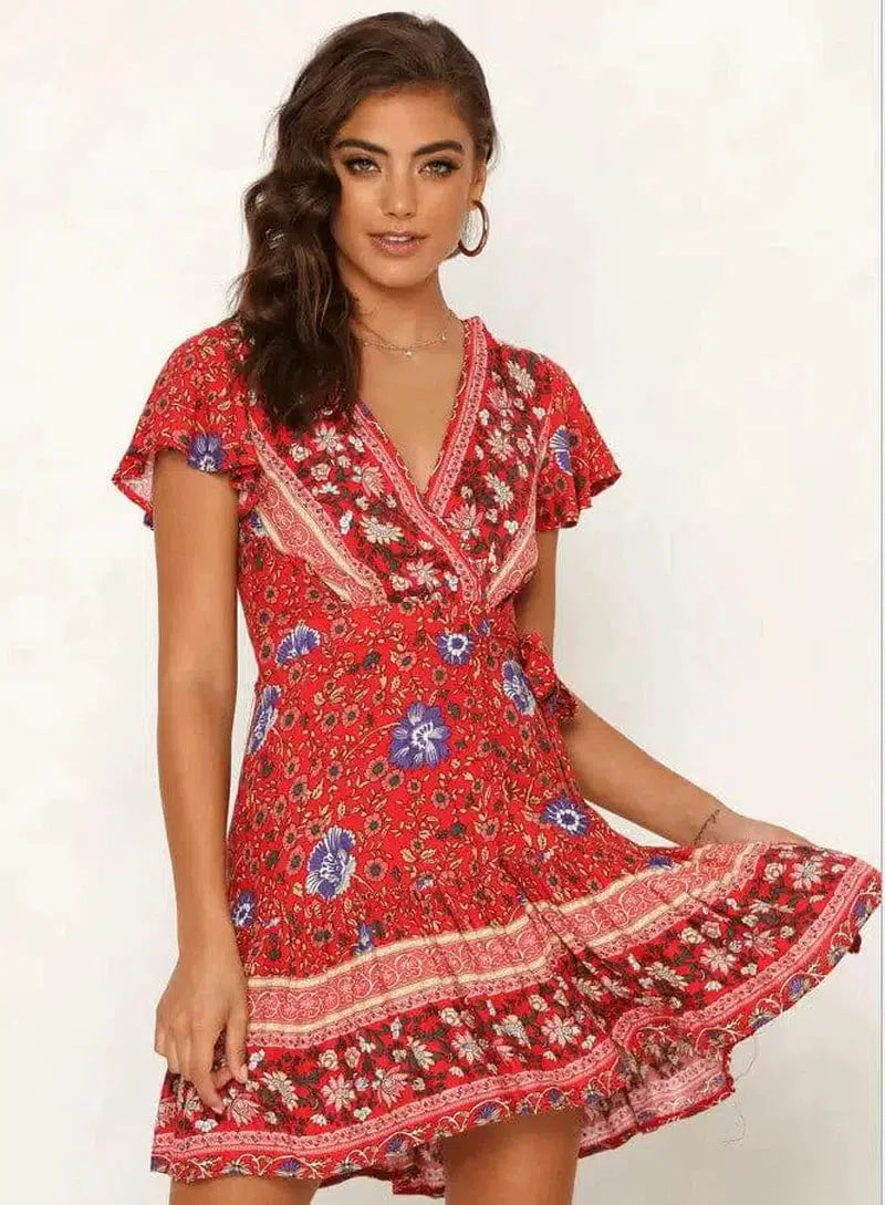 Lovemi - Summer V-neck sexy bohemian print dress skirt-Redwine-73