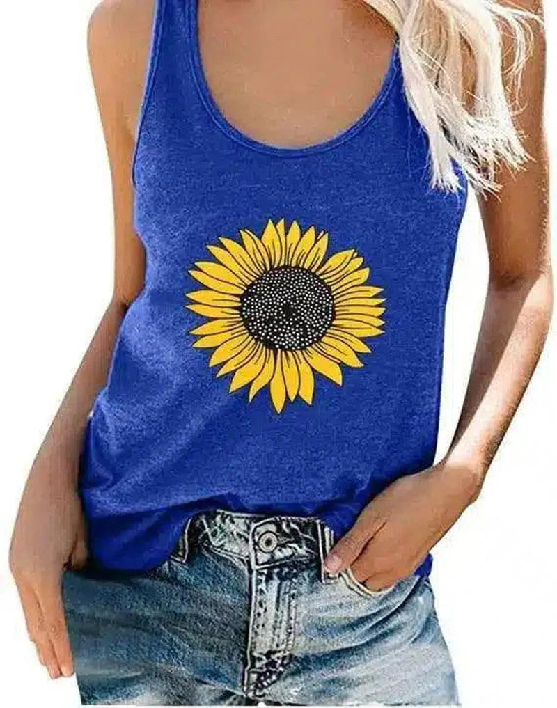 Women's Sunflower Tank Top Sleeveless Shirt-Blue-2