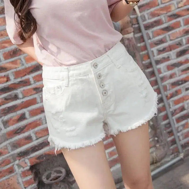 Tassel Cutoff Denim Shorts-White-9