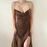 Satin Spaghetti Strap Dress with Corset Bodice-Brown-3