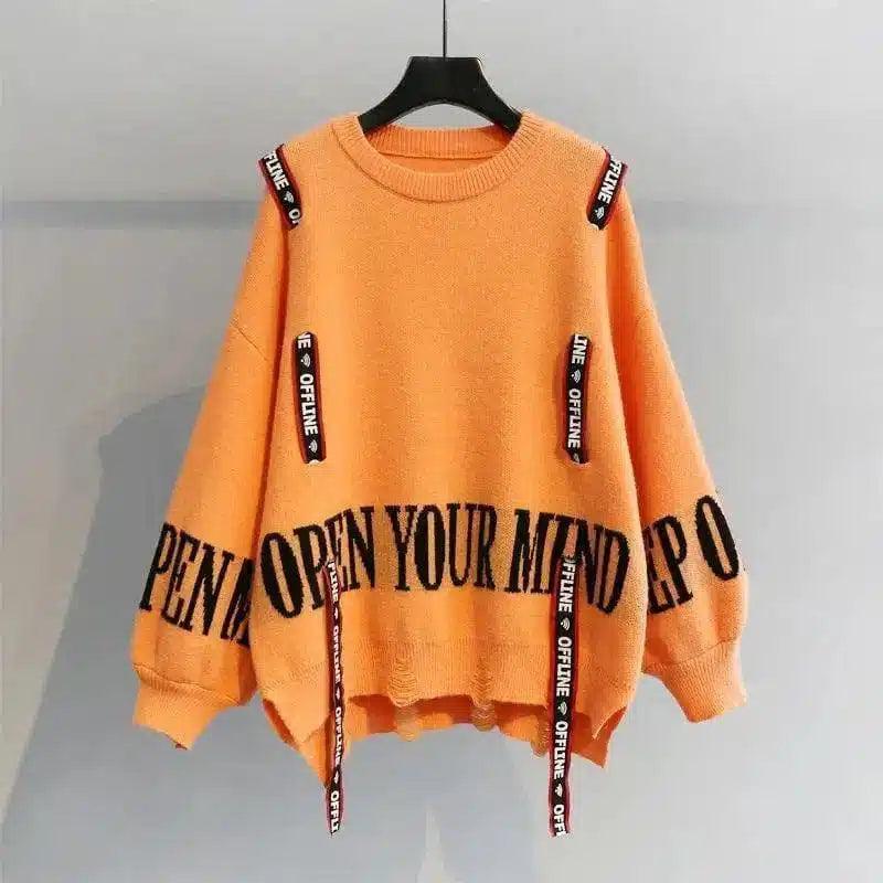 Slogan Crew Neck Oversized Knit Sweater-Orange-1