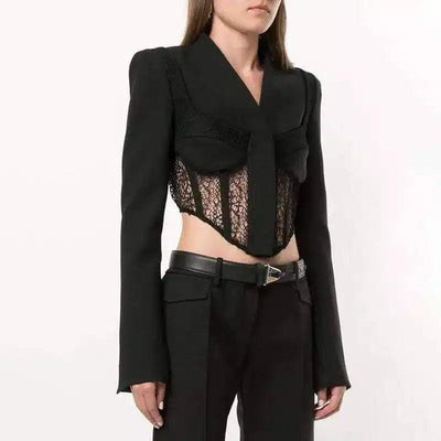 Womens Lace Detail Cropped Blazer Jacket-1