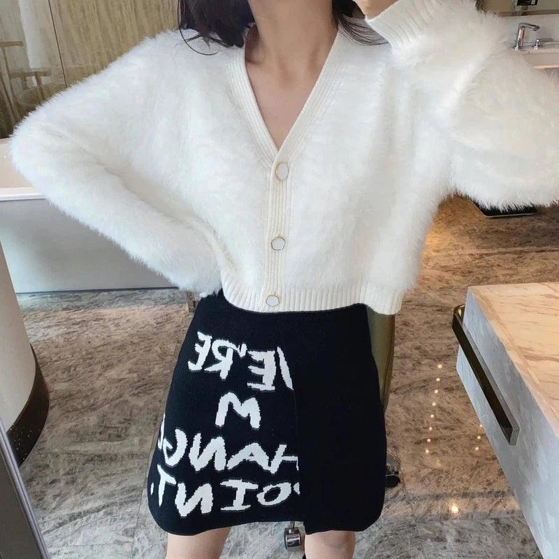 Cozy Fleece V Neck Cropped Cardigan-White-2