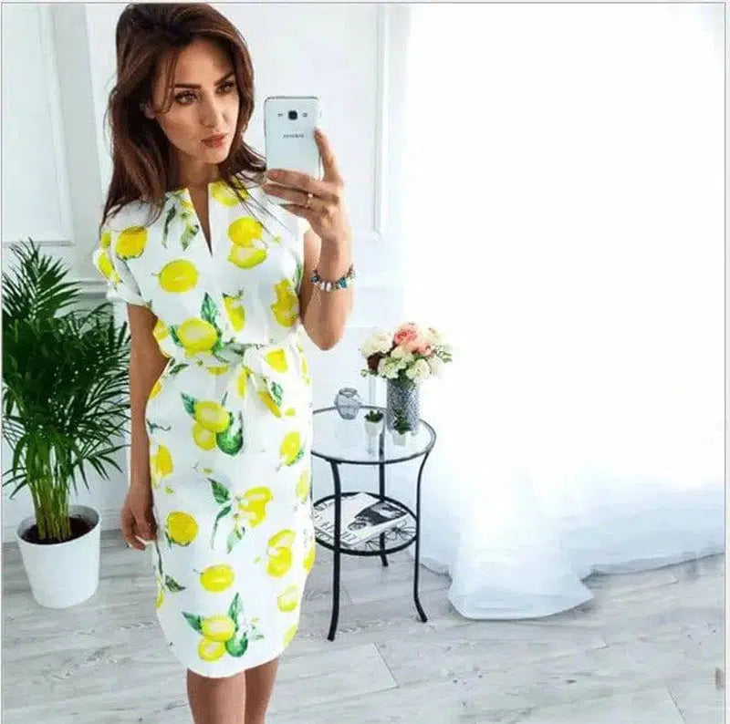 V-Neck Printed Dress-S-43