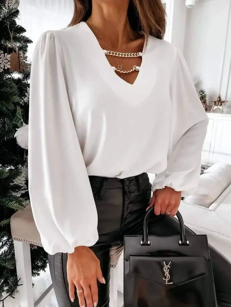 V-Neck Shirt Lantern Sleeve Long Sleeve Top-White-1