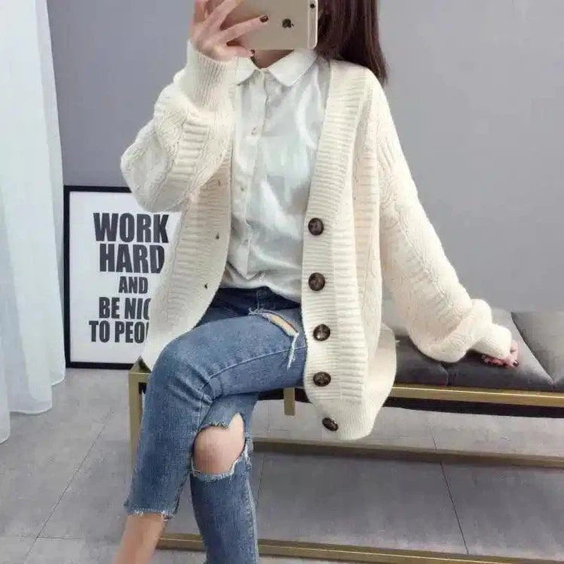 LOVEMI - Lovemi - V-neck Single-breasted Loose Sweater Women