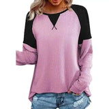 Women's Casual Contrast Sleeve Top-Pink-3