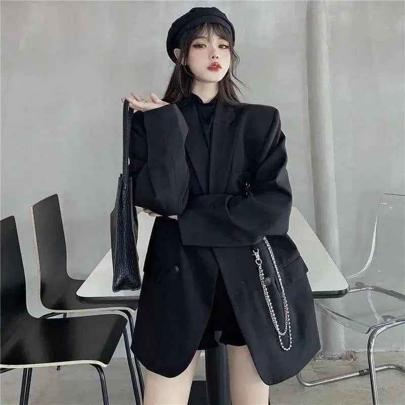 LOVEMI - Lovemi - White All-match Black Loose Casual Autumn Suit