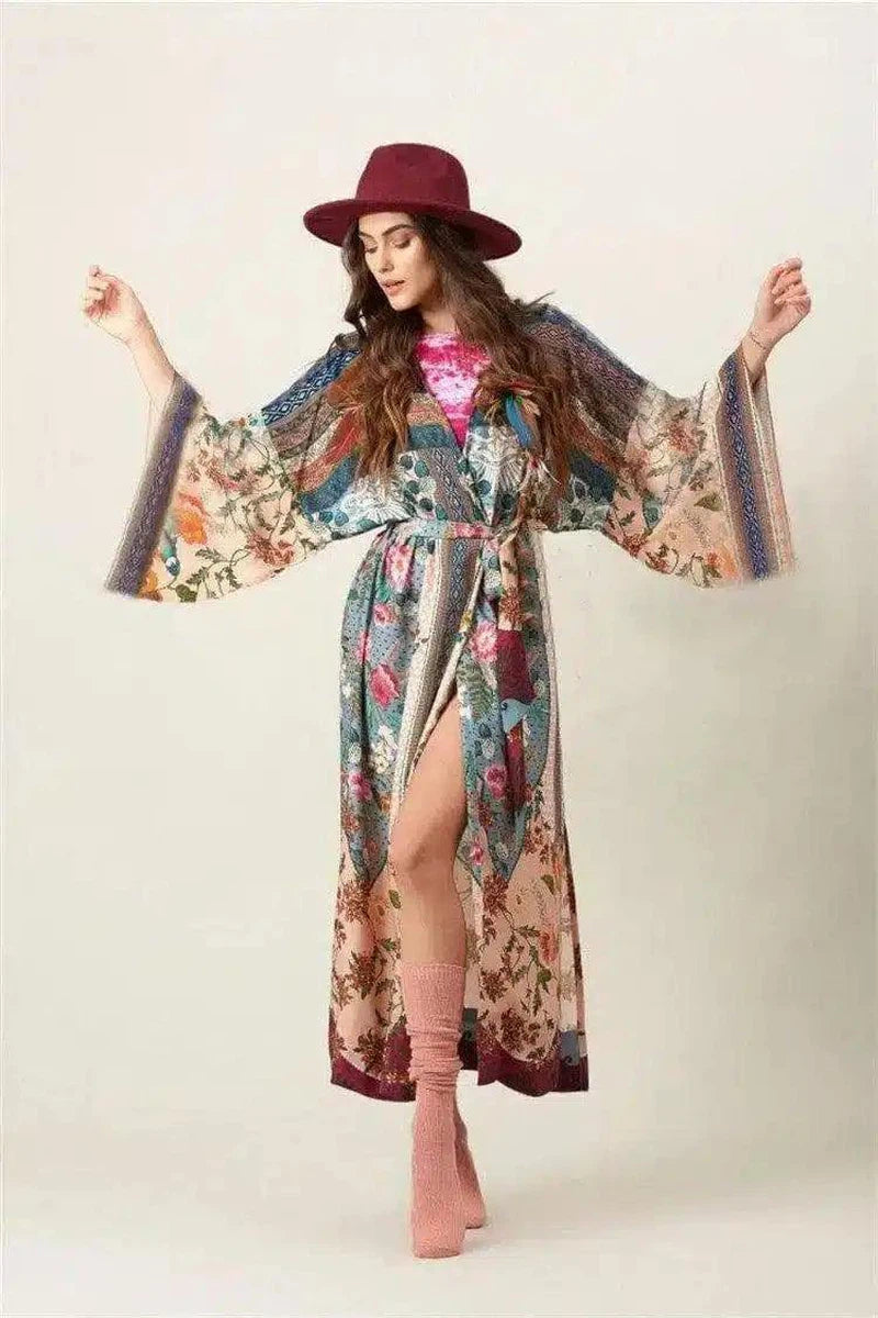 Floral Kimono Robe with Tie Waist-picture color-1