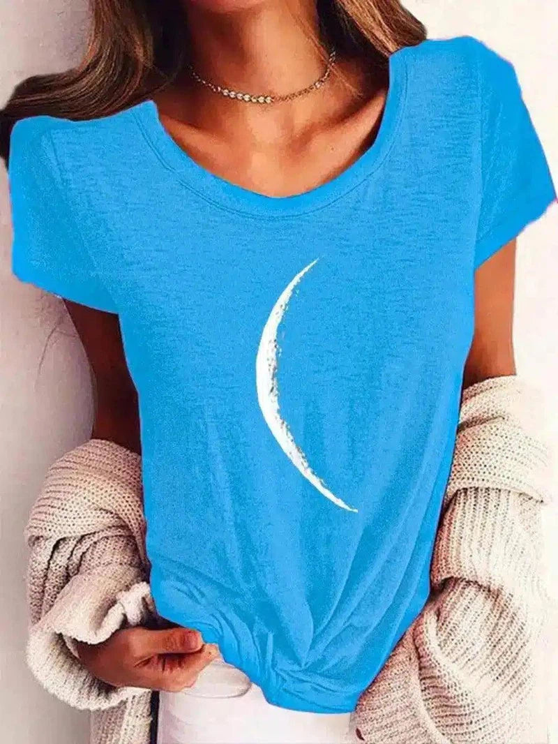 Crescent Moon Print Casual Women's Tee-Blue-5