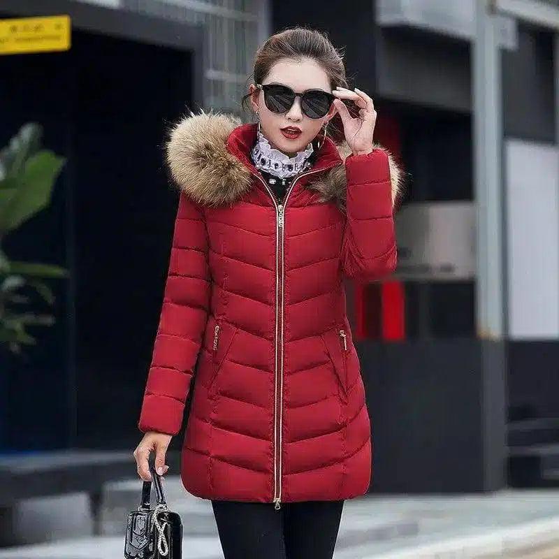 Winter jacket women fashion slim long cotton-padded Hooded-Wine Red-4