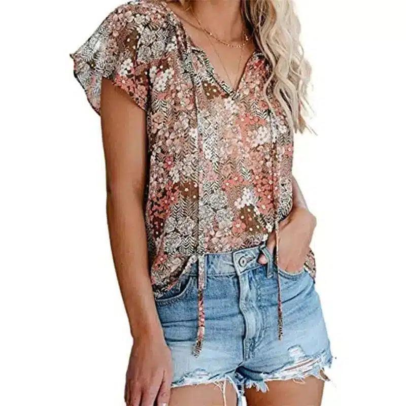 Floral V-Neck Women's Casual Blouse-Floral Grey-2