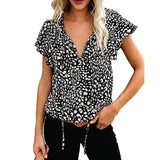 Floral V-Neck Women's Casual Blouse-Black Dot-3