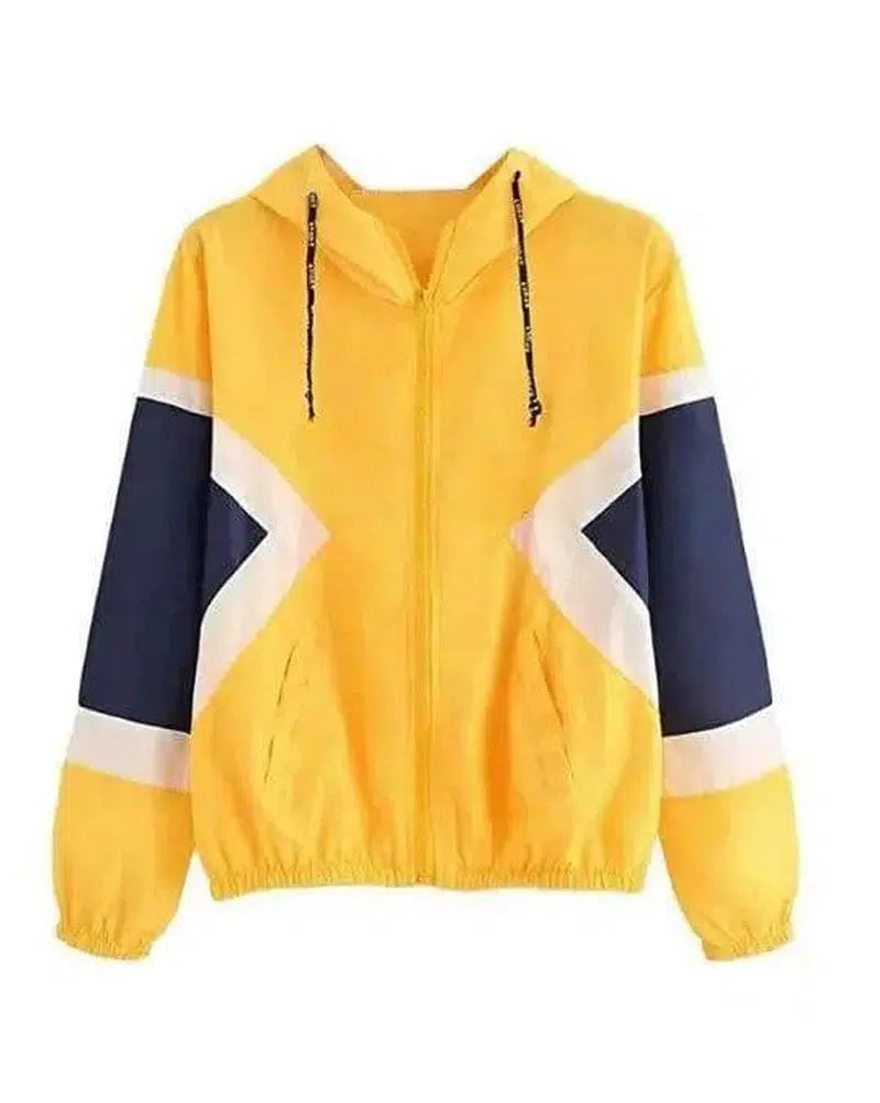 Women's Color Block Elastic Band Waist Hooded Jacket-Yellow-2