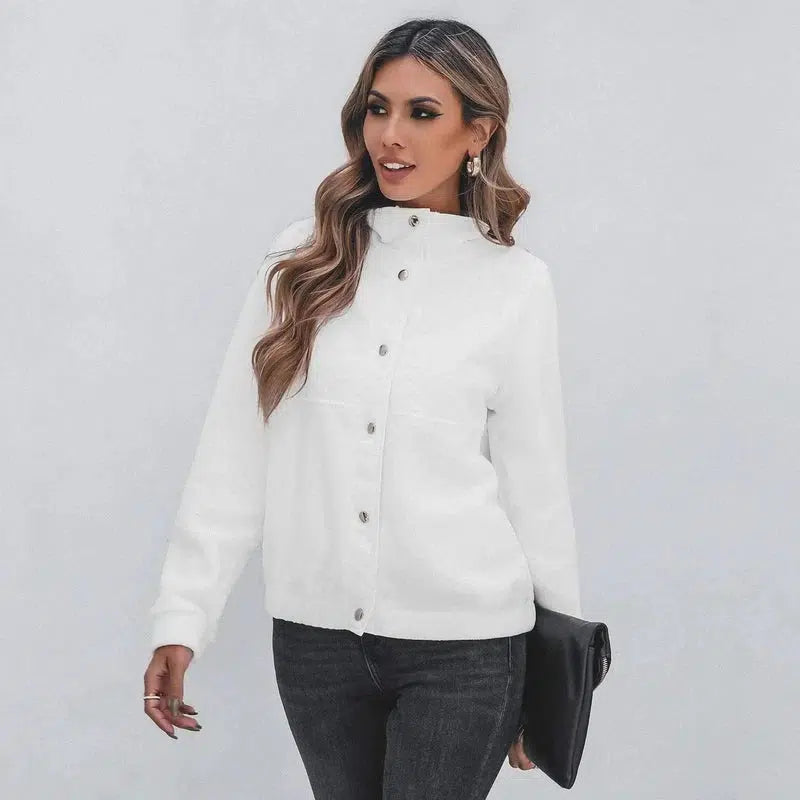 Women's Fashion Stand Collar Fleece Jacket Solid Color Top-White-2