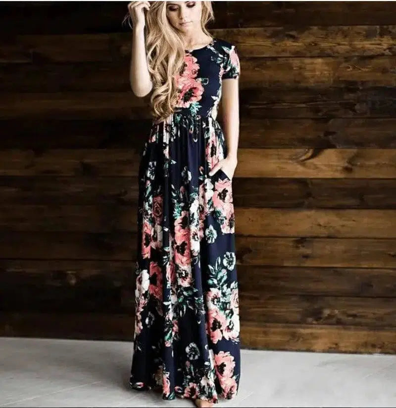 Women's Flower Printing Maxi Dress-DarkBlue-26