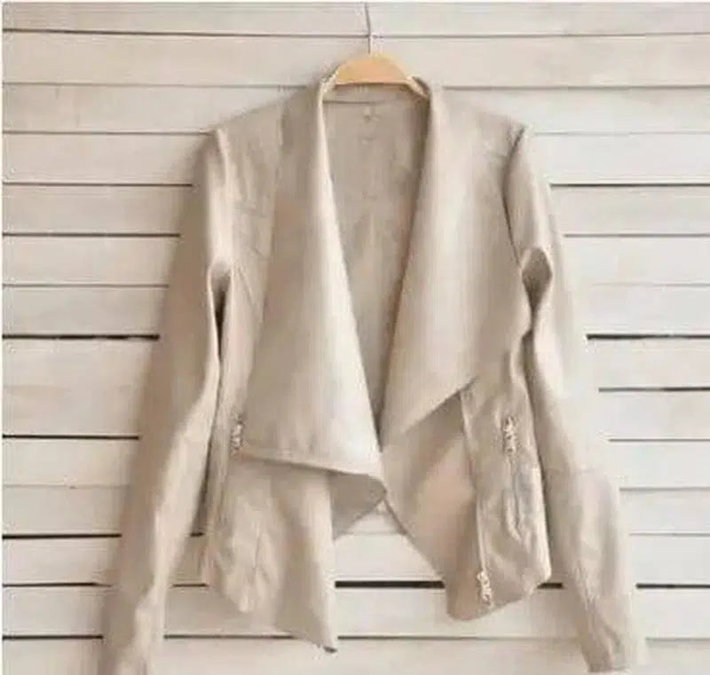 Women's Lapel PU Leather Jacket with Side Zipper-White-2