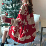 Women's Teddy Bear Knit Cardigan-Red-2