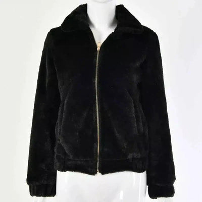 Faux Fur Zip-Up Jacket for Women-Black-2