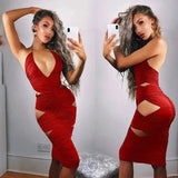 Womens Bodycon Halter Deep V Neck Cut Out Sleeveless-Red-17