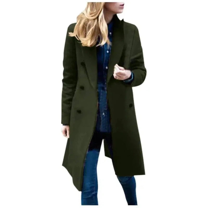 Medium length large woolen overcoat for women-Green-8