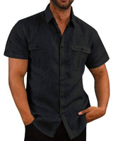 Men's Button Short Sleeve Shirt Summer Casual Double Pocket-Black-3