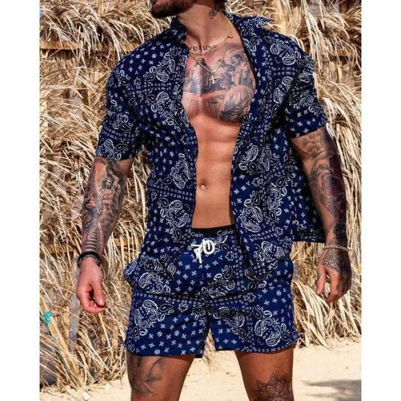 Men's Hawaiian Beach Casual Fashion Shirt Two-Piece Set-Picture color-1