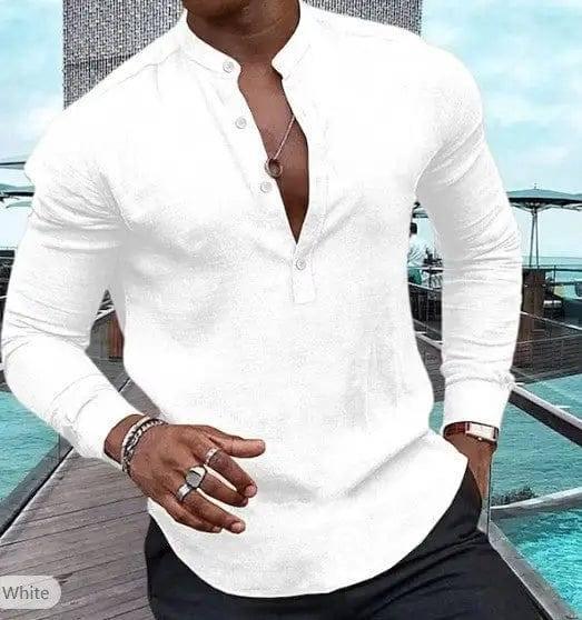 Men's Shirt Casual Long Sleeve Solid Color Cotton Linen-White-3