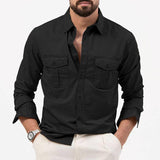 Men's Shirt Multi-pocket Solid Color Casual Long Sleeves Top-Black-2