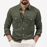 Men's Shirt Multi-pocket Solid Color Casual Long Sleeves Top-Army Green-3