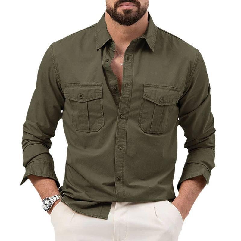 Men's Shirt Multi-pocket Solid Color Casual Long Sleeves Top Gray Green / 3XL-7