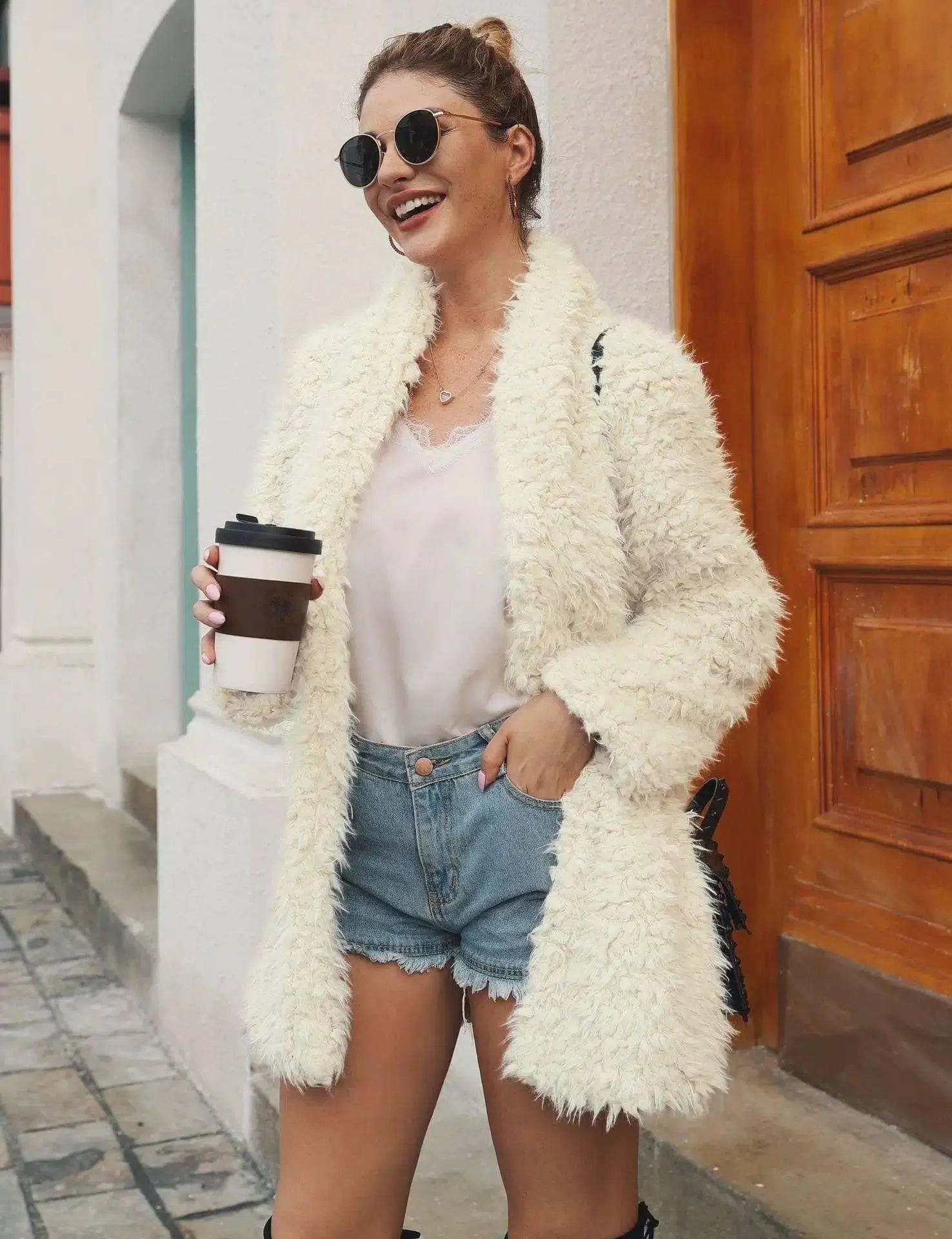 Mid-length faux fur fur long-sleeved jacket-Beige-1