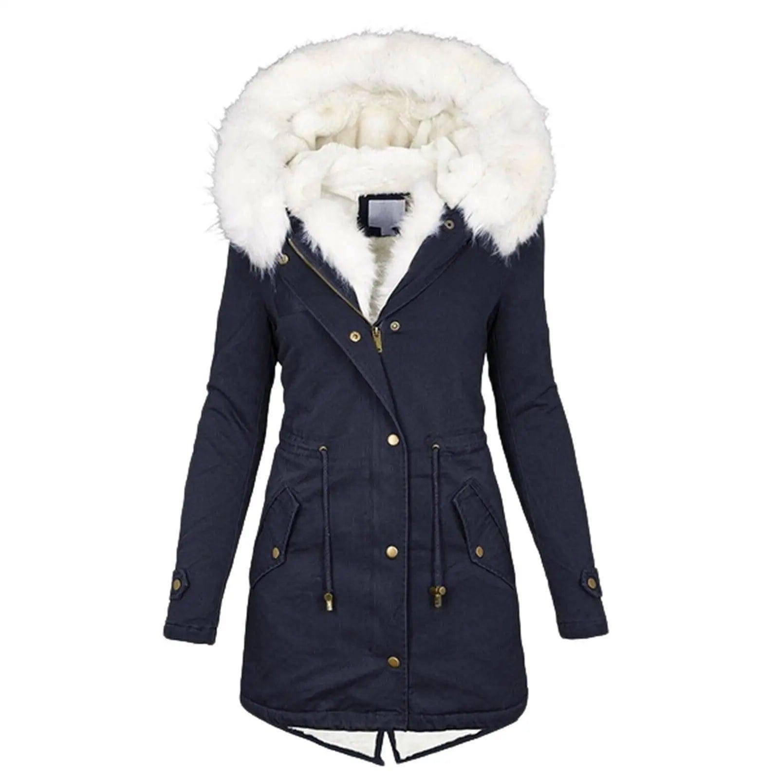 Mid-length hooded winter warm plus fleece coat-Navy Blue-5