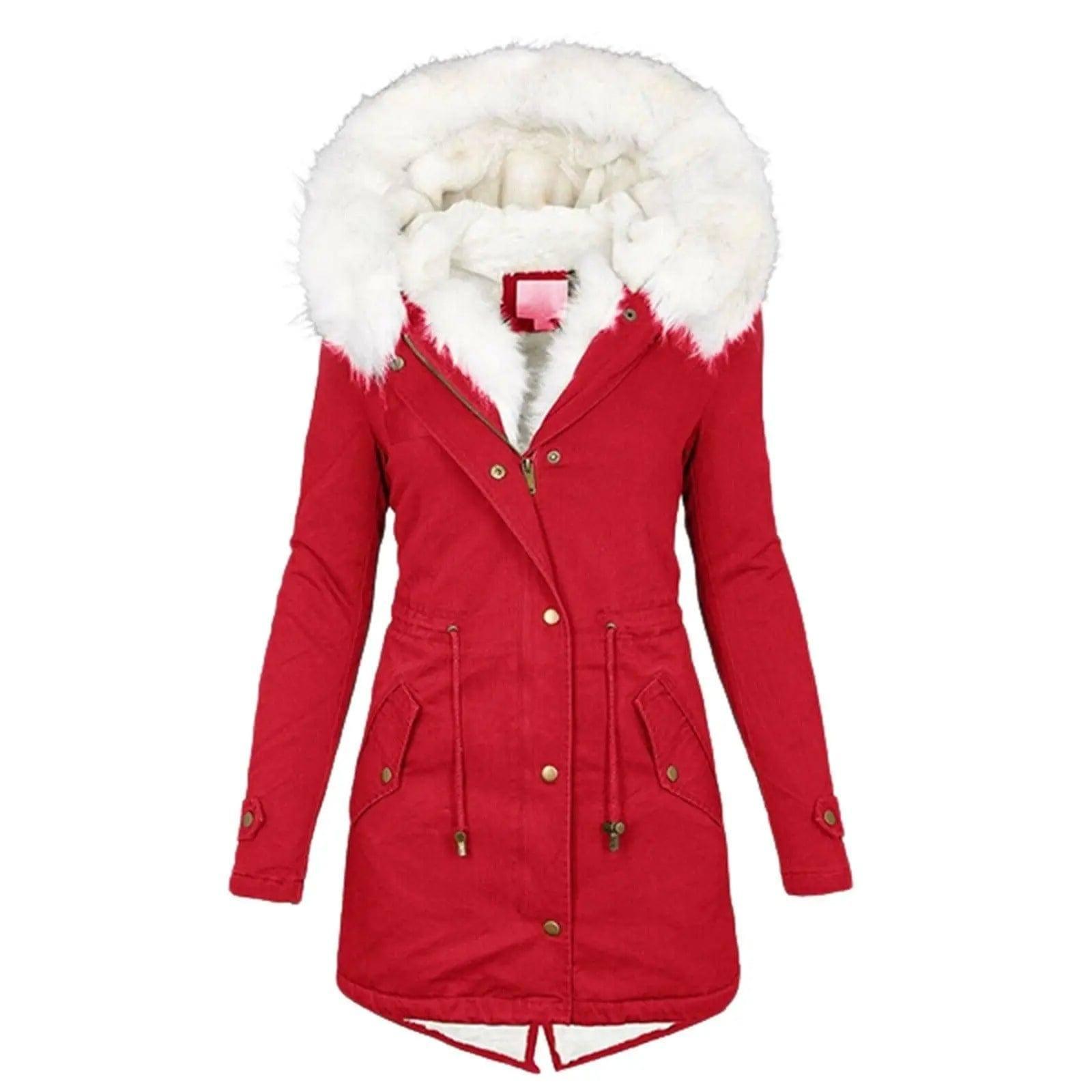 Mid-length hooded winter warm plus fleece coat-Red-6