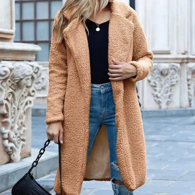 Mid Length Lapel Sweater Cardigan Sherpa Jacket-Camel-6