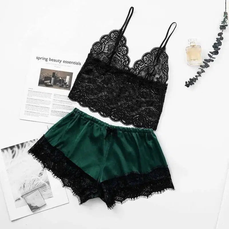 Midnight Charm Lingerie Lace Home Set-Green-7