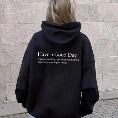 Minimalist Have A Good Day Printed Back Casual Hooded Pocket-Black-1