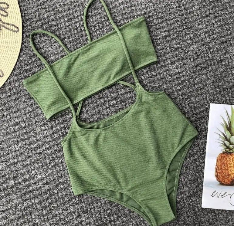 Ms. Split Swimsuit Solid Color Irregular Bib Bikini-Green-5