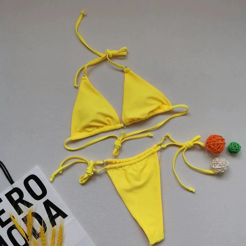 Multicolor Bikini Split Swimsuit Halter Tie-Yellow-7