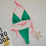 Multicolor Bikini Sexy Split Swimsuit Halter Tie-Green-9