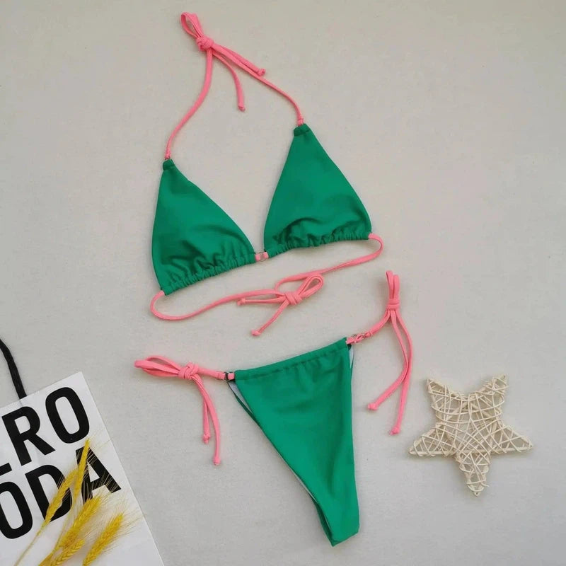 Multicolor Bikini Split Swimsuit Halter Tie-Green-9