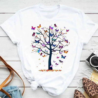 New Fashion Women T-shirt Colorful Butterfly Petal Print-15